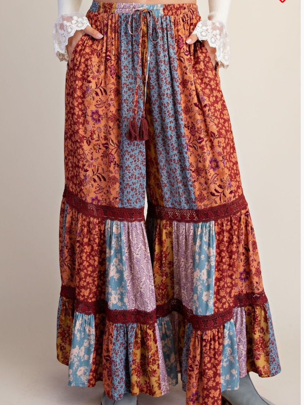Easel Rayon Rust Patchwork Print Crochet Trim Ruffle Wide Leg Boho Palazzo